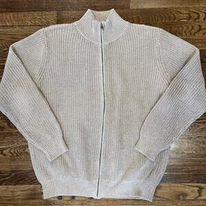 LL Bean Mock Neck Full Zip Chunky Knit Sweater Mens L Oatmeal Tan 100% Cotton